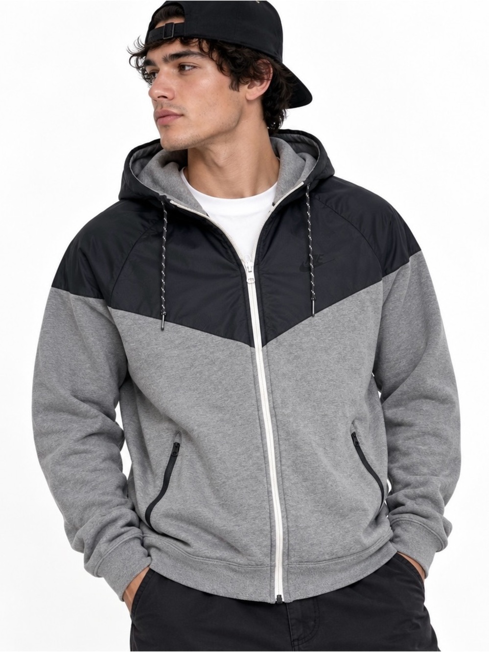 Nike Men’s Tech Fleece Hybrid Full Zip Hoodie Gray Black Large Sporty Streetwear